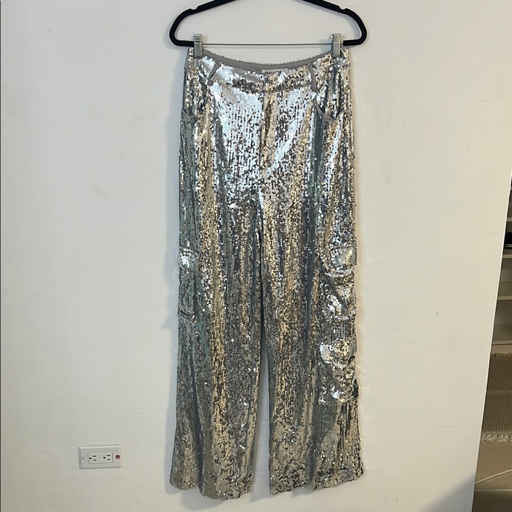 Silver Sequin Wide-Leg Pants